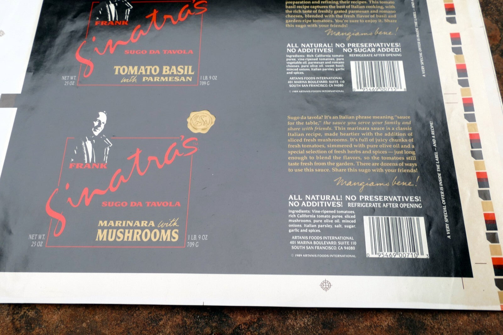 RARE Un-USED 1989 Sugo Da Tavola FRANK SINATRA'S PASTA SAUCE LABEL - set of 3