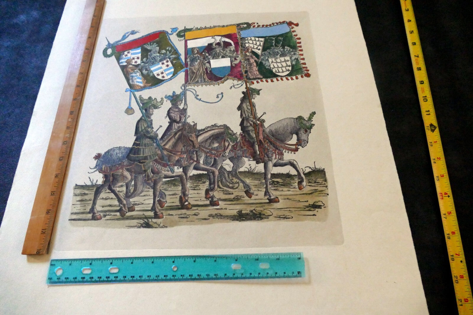 KNIGHT Flag Bearer HAND COLORED ENGRAVING large 21X24"