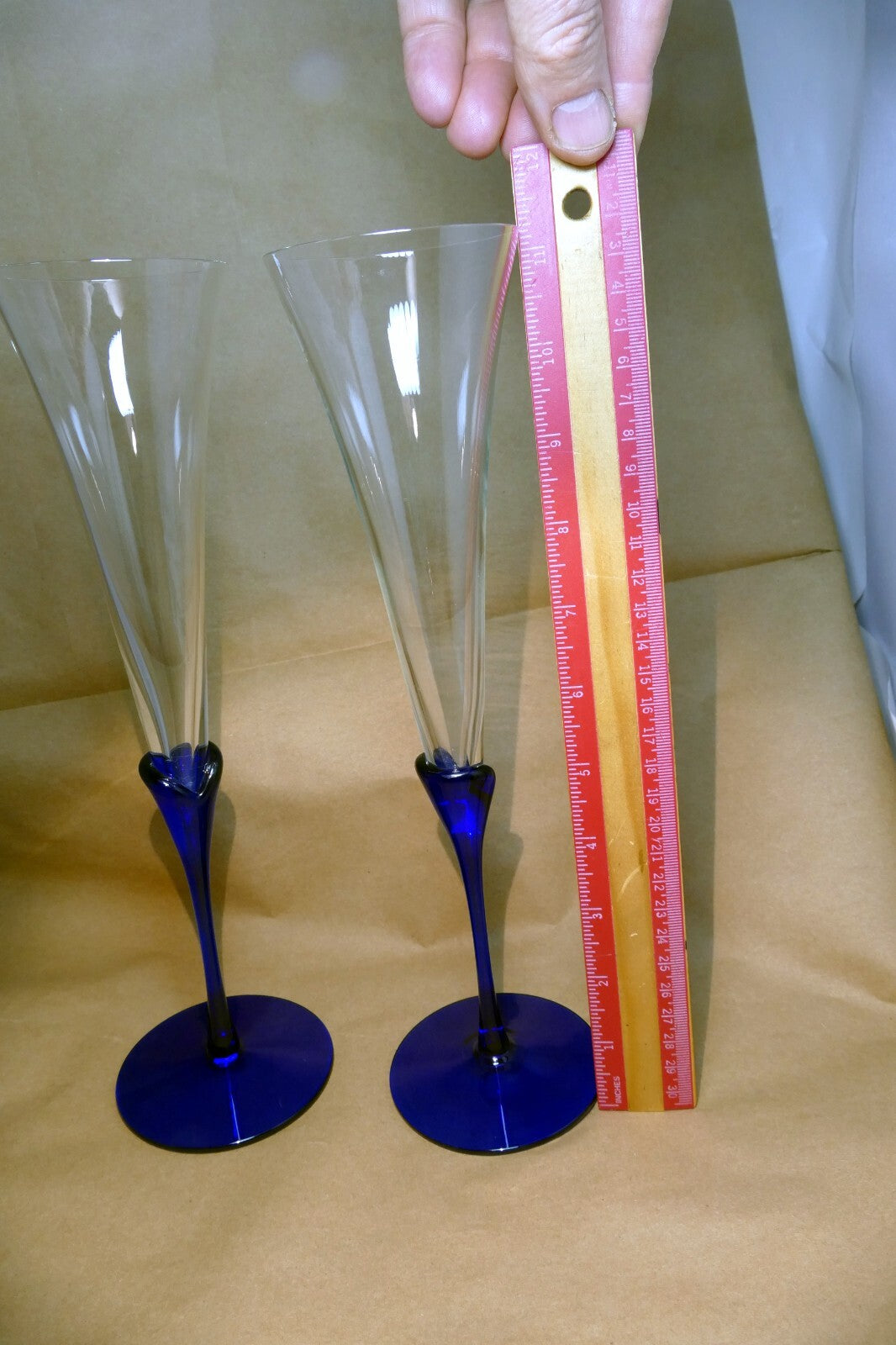 2 COLONY Glasses Flutes Wine Champagne Amaryllis Stem Cobalt Blue 11.2" tall set