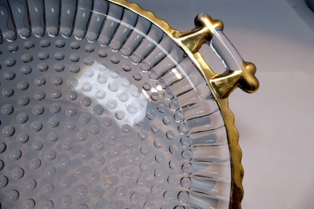 Beveled glass candle holder plate 8" round with golden rim two handles