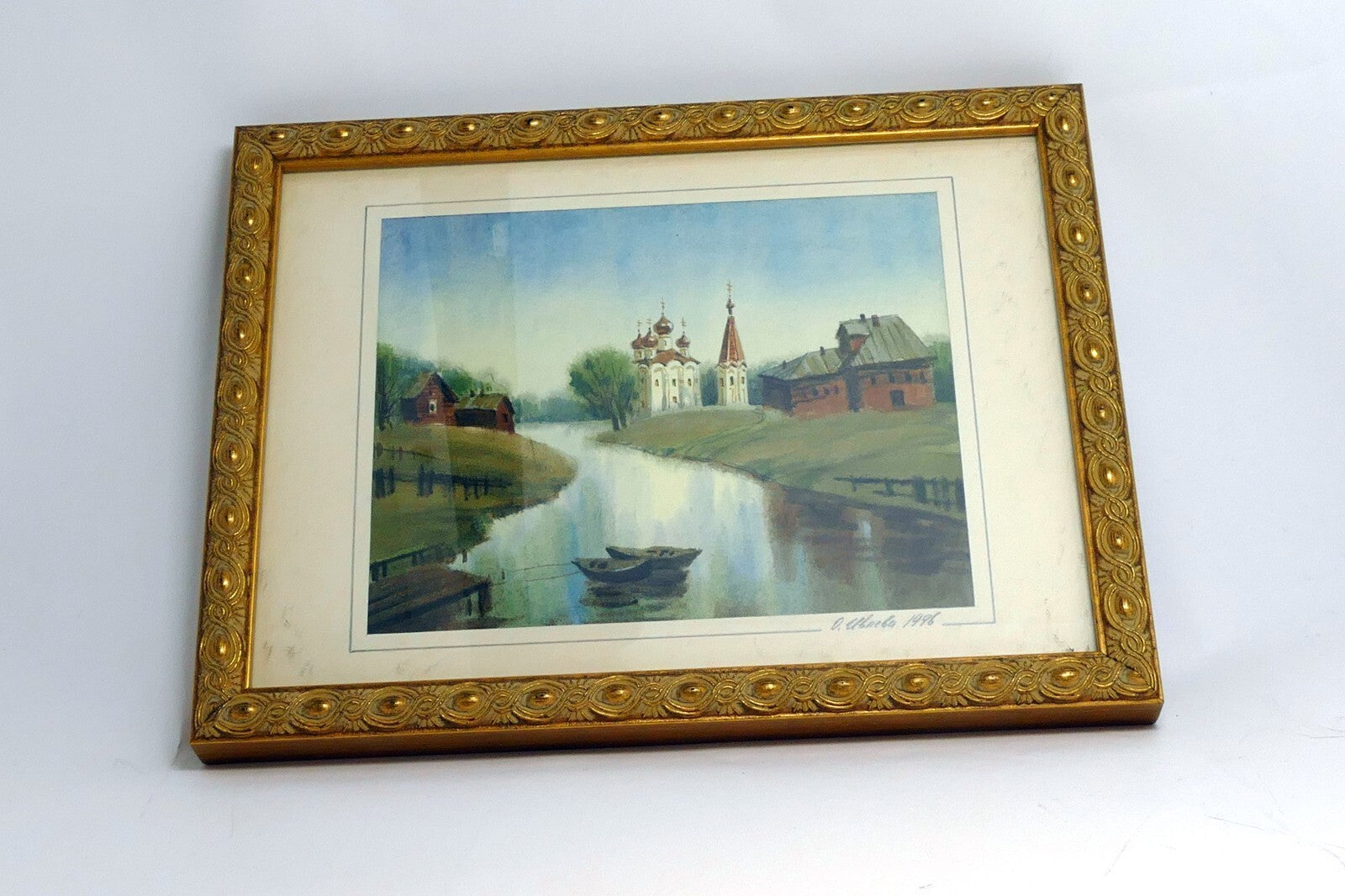 Olga Ivleva Watercolor Signed Russia village river church Art framed