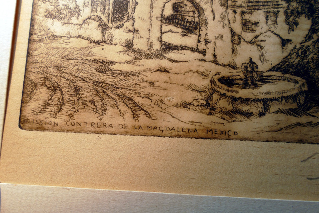 Mission Contrera de la Magdalena, Mexico Signed Etching 1900's  Stefan Bunyitay
