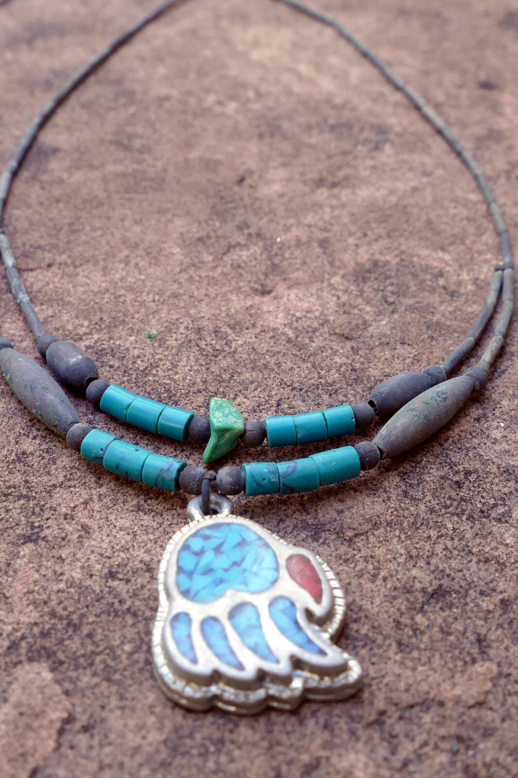 Bear Paw Brooch Necklace Inlaid Blue and Red Stones Crushed Tourquise Navajo