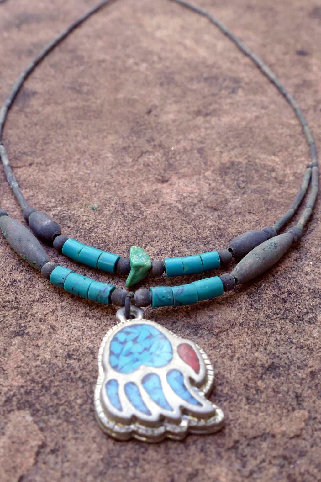 Bear Paw Brooch Necklace Inlaid Blue and Red Stones Crushed Tourquise Navajo