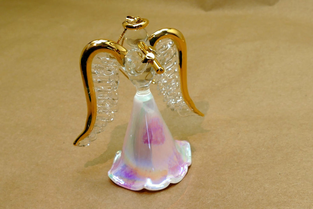 Spun Glass Crystal Christmas Ornament  Angel Gold with trumpet