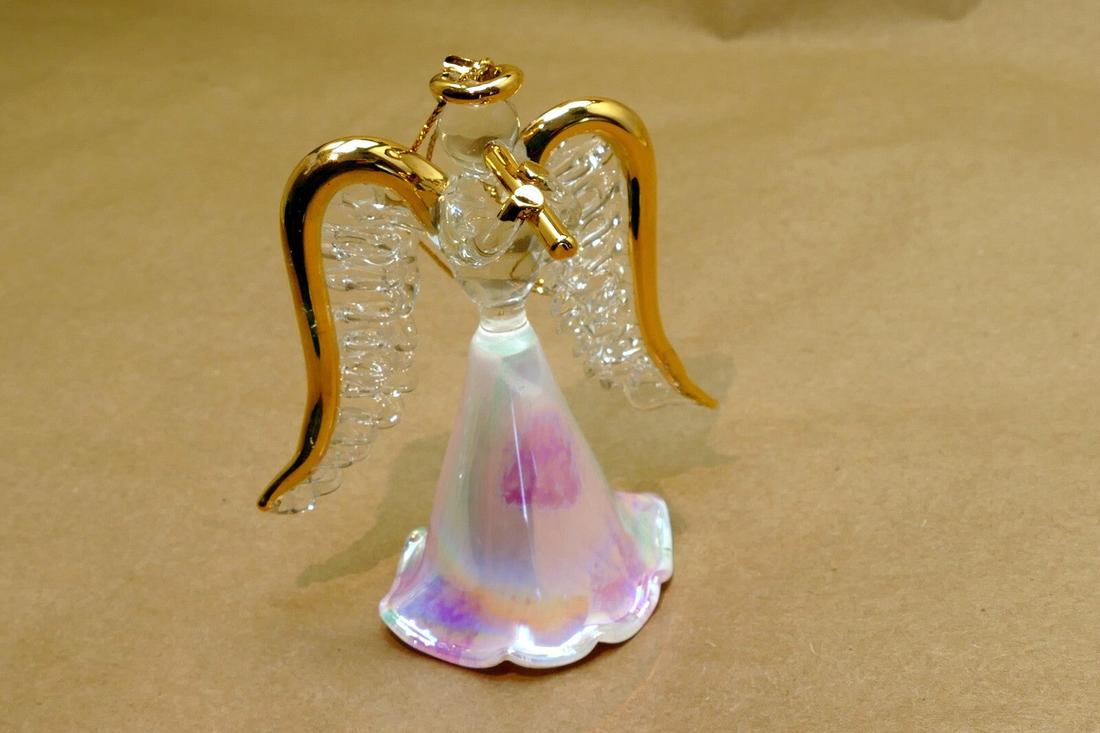 Spun Glass Crystal Christmas Ornament  Angel Gold with trumpet