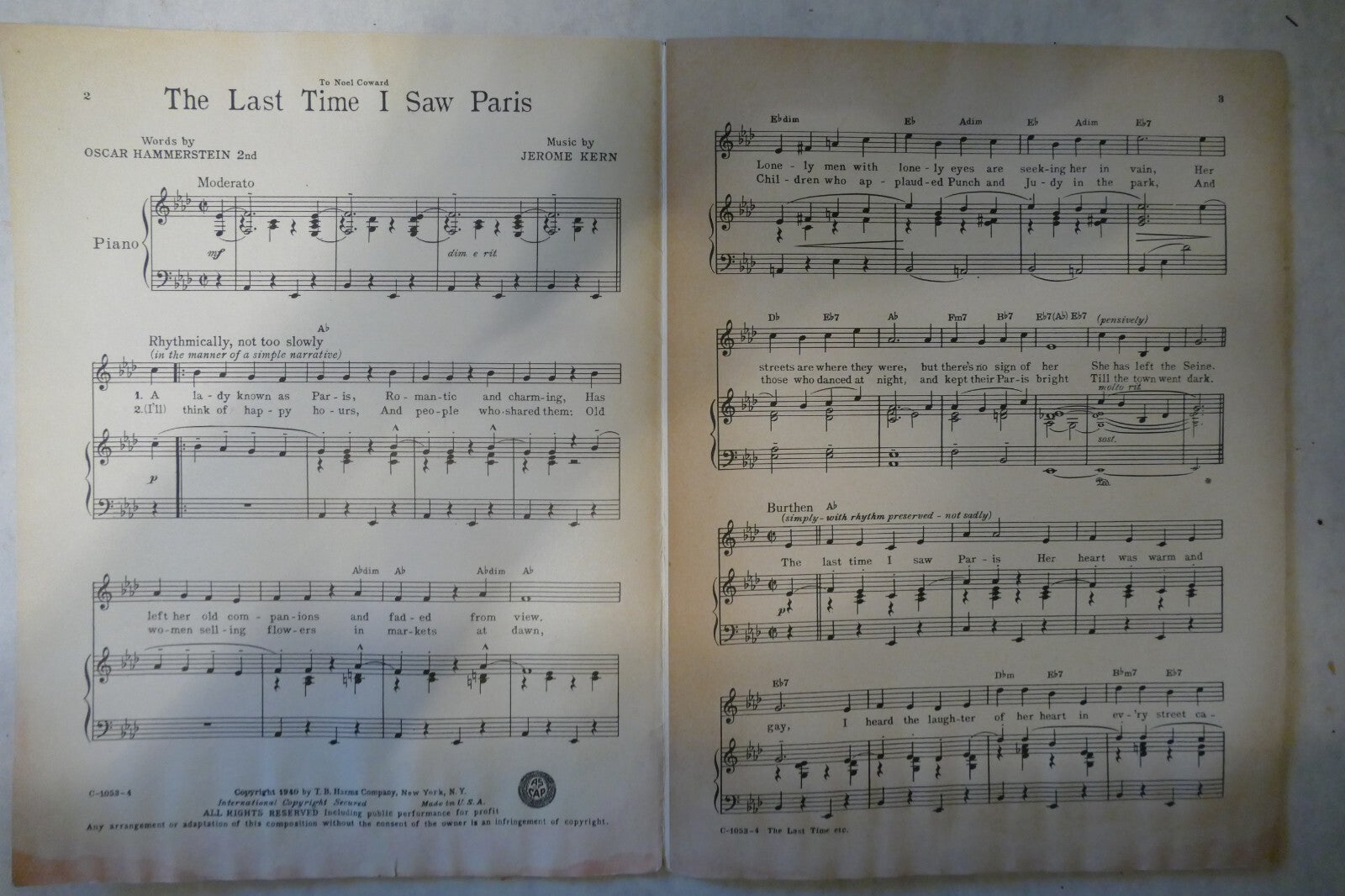 The Last Time I Saw Paris, 1940, by Jerome Kern and Oscar Hammerstein 2nd