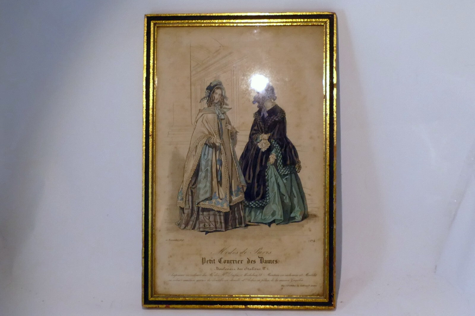 French Antique 1843 Hand coloured engraving Petit Courier des Dames Modes Paris