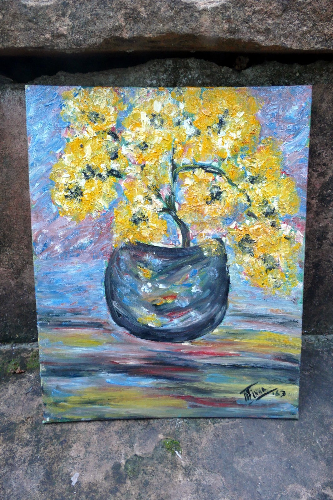 Oil Painting of  Blue Yellow Flowers Bouquet Vase Signed Minna ' 63  1963
