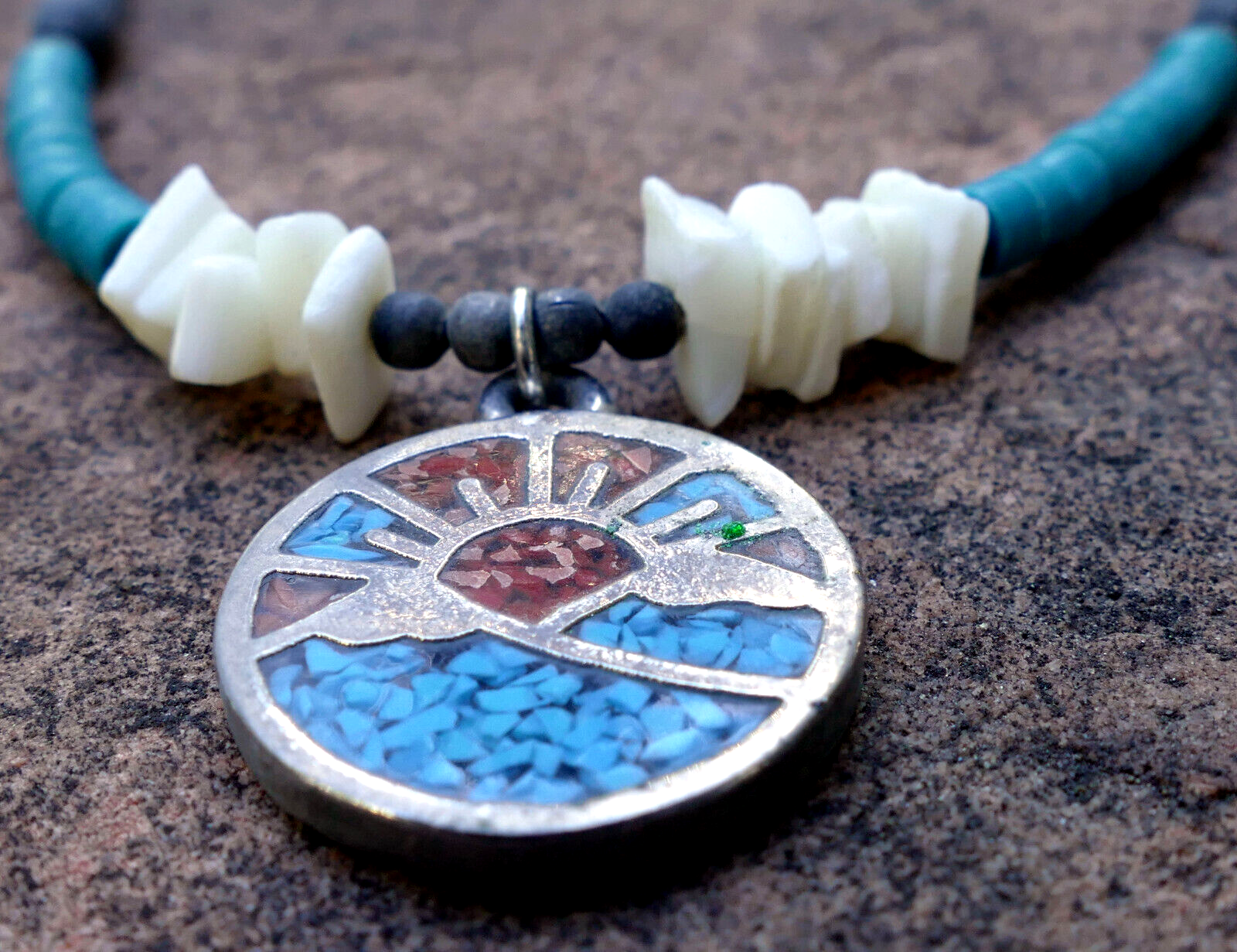 Sunrise brooch necklace with inlaid blue and red stones crushed turquoise navajo