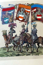 Knight flag bearer hand colored engraving large 21x24"