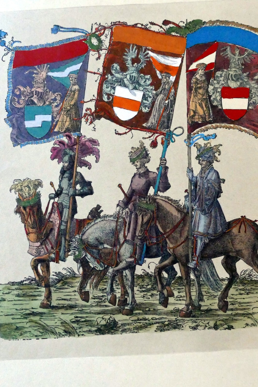Knight flag bearer hand colored engraving large 21x24"