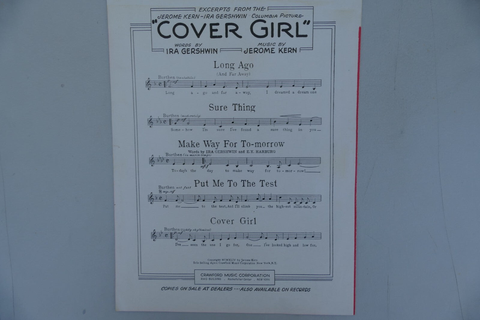 Long Ago from the "Cover Girl'' 1944 movie by Jerome Kern Crawford Music Corp.
