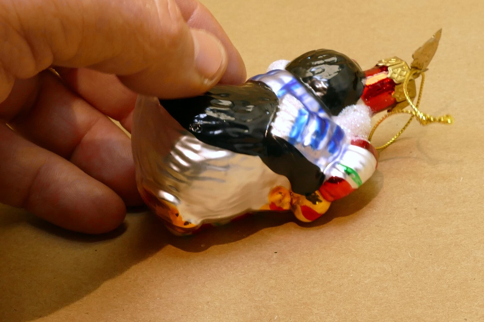 Thomas Pacconi Glass Penguin Christmas Ornament gold Blue w/ a bow