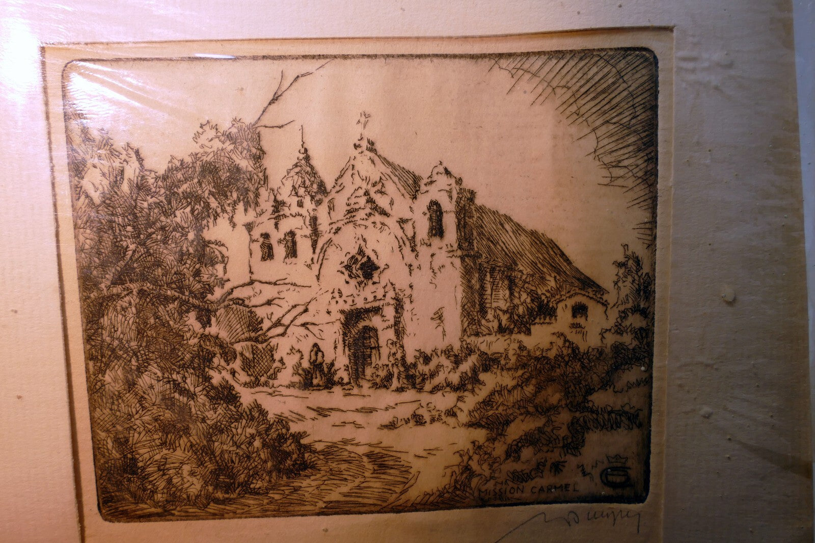 Mission carmel church signed etching 1900's usa limited edition