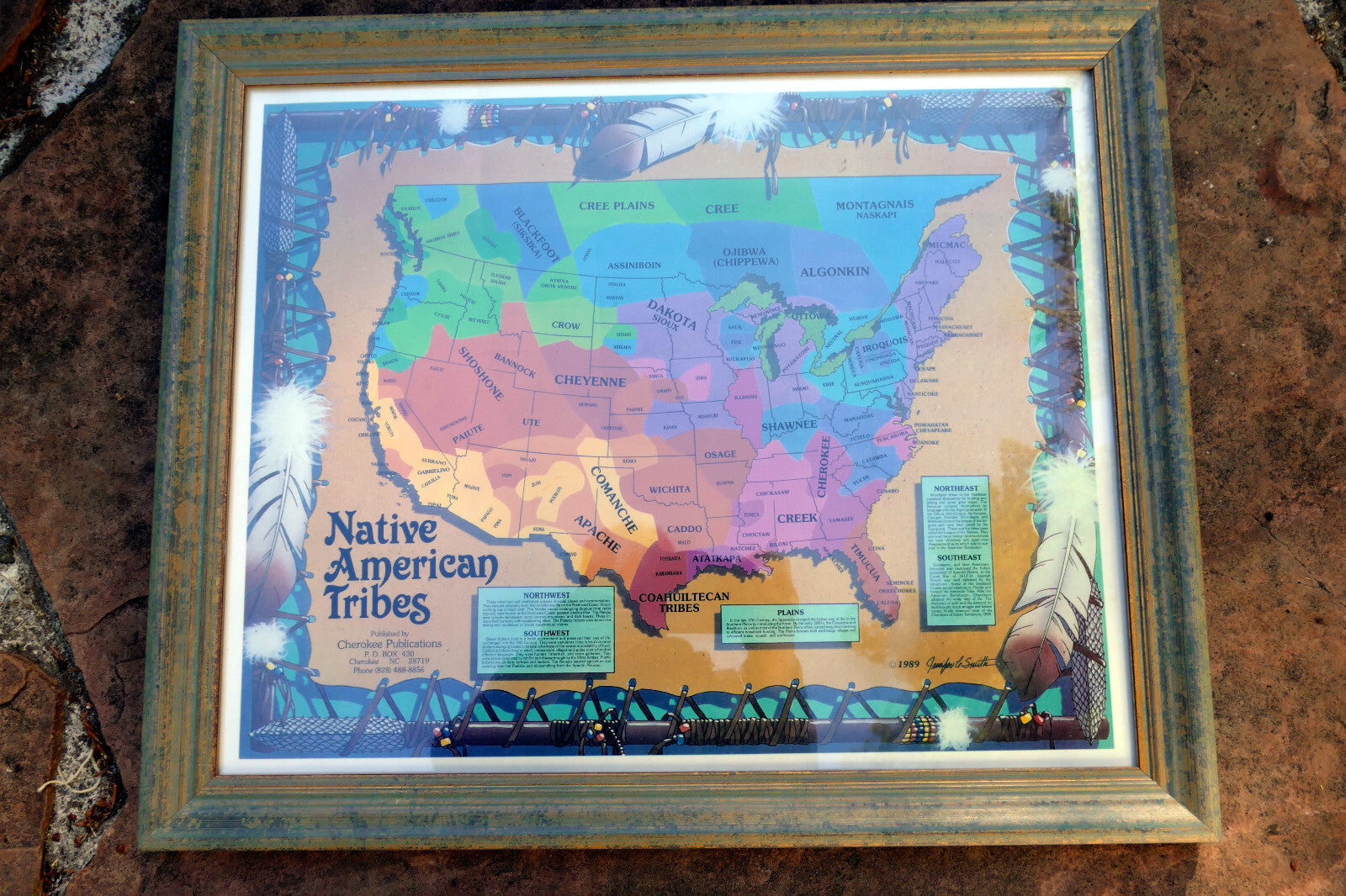 LARGE FRAMED TRIBES OF THE NaTIVE AMERICAN NATION PICTORIAL MAP Cherokee 1989