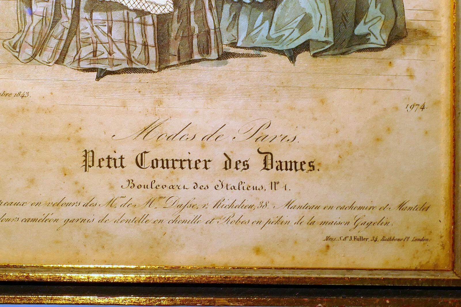 French Antique 1843 Hand coloured engraving Petit Courier des Dames Modes Paris