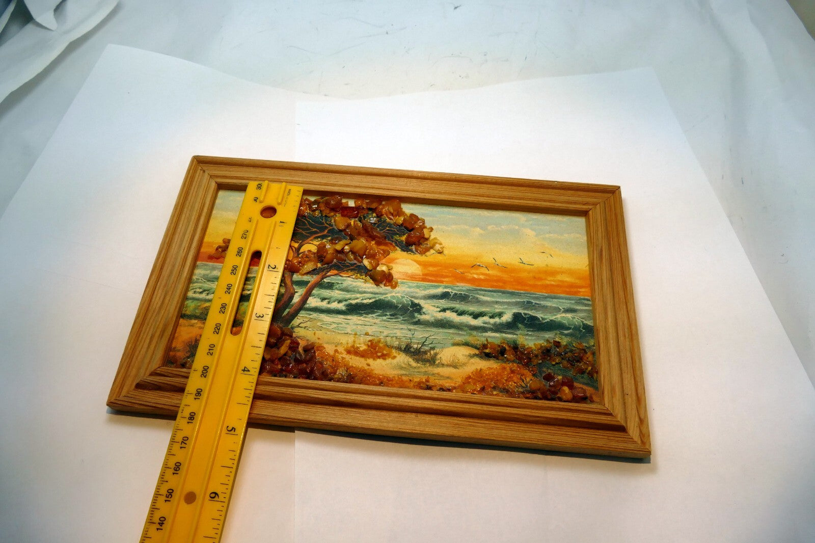 AMBER PAINTING BALTIC Sea Seascape Landscape Tree Waves Sky Sunset gull birds