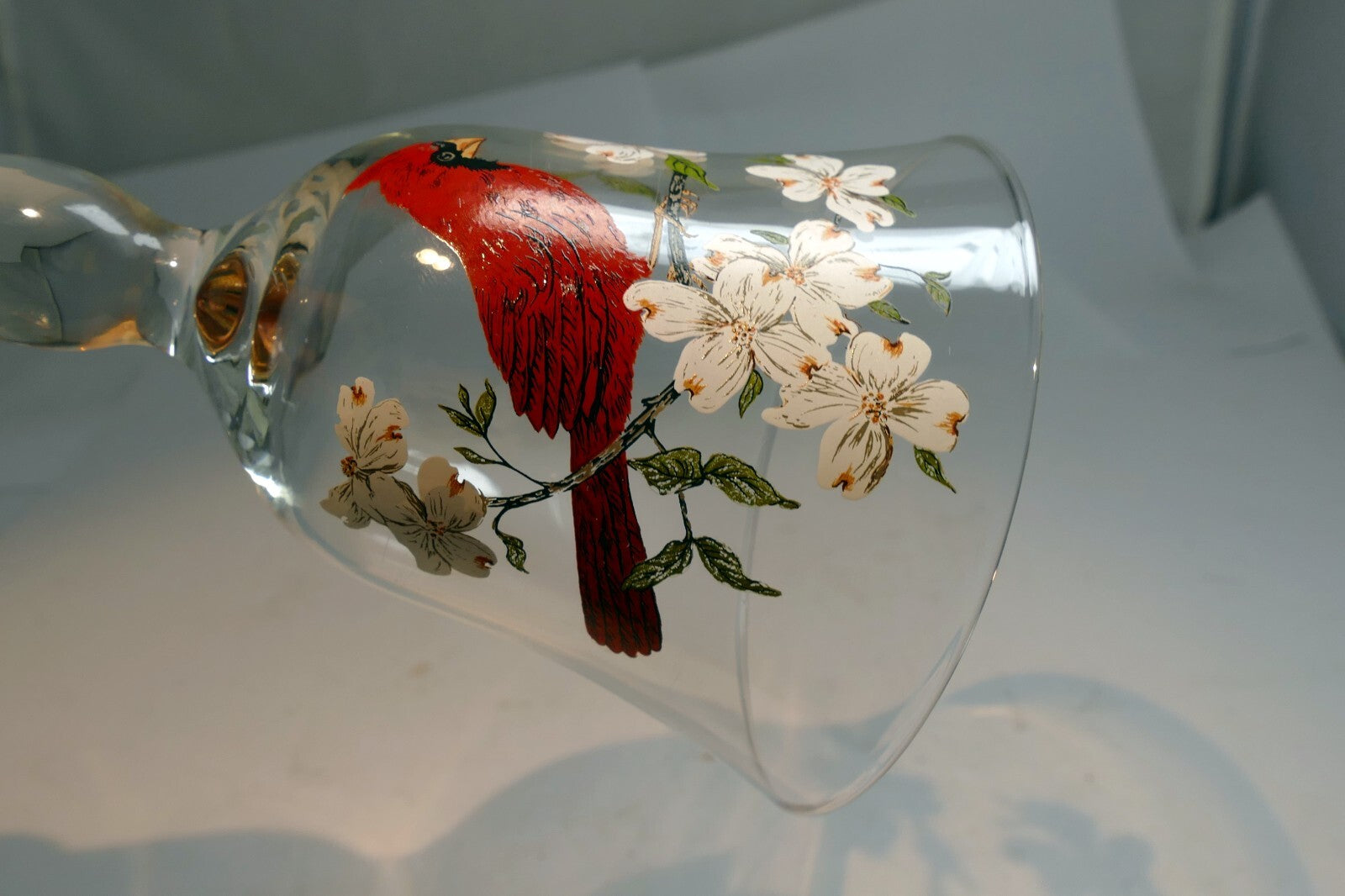 Art Glass Bell Glass Northern Cardinal &white Blossoms 6" Hand Painted Decor