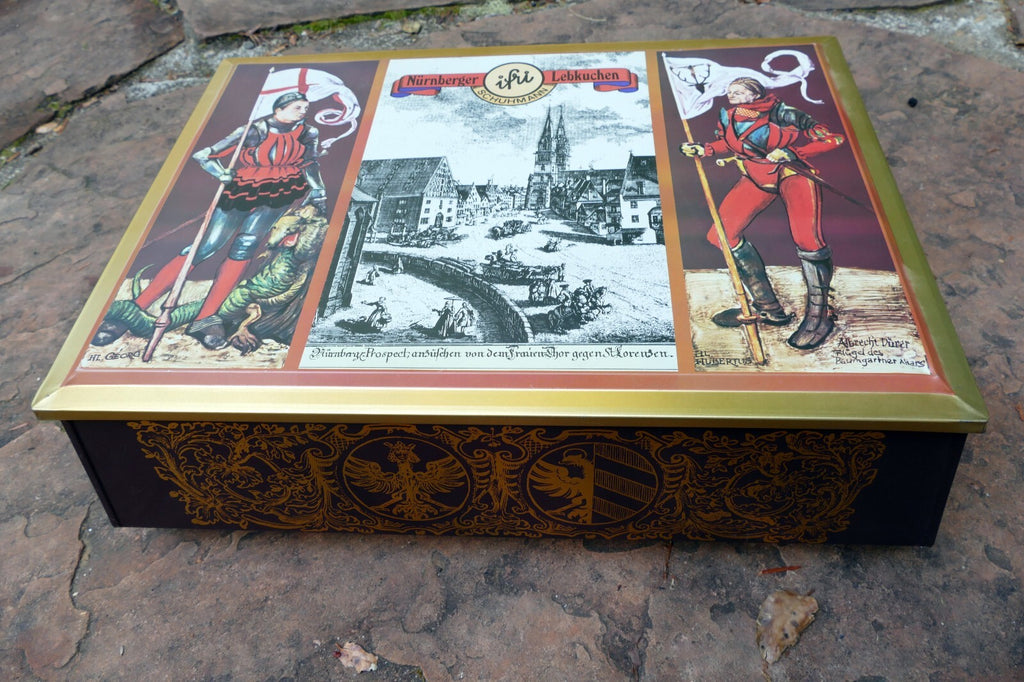 German Tin Box Schumann Nürnberger Burg Lebkuchen 12X15X5" large knight metal