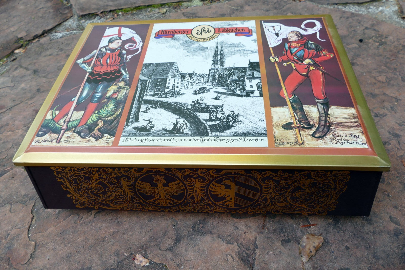 German Tin Box Schumann Nürnberger Burg Lebkuchen 12X15X5" large knight metal
