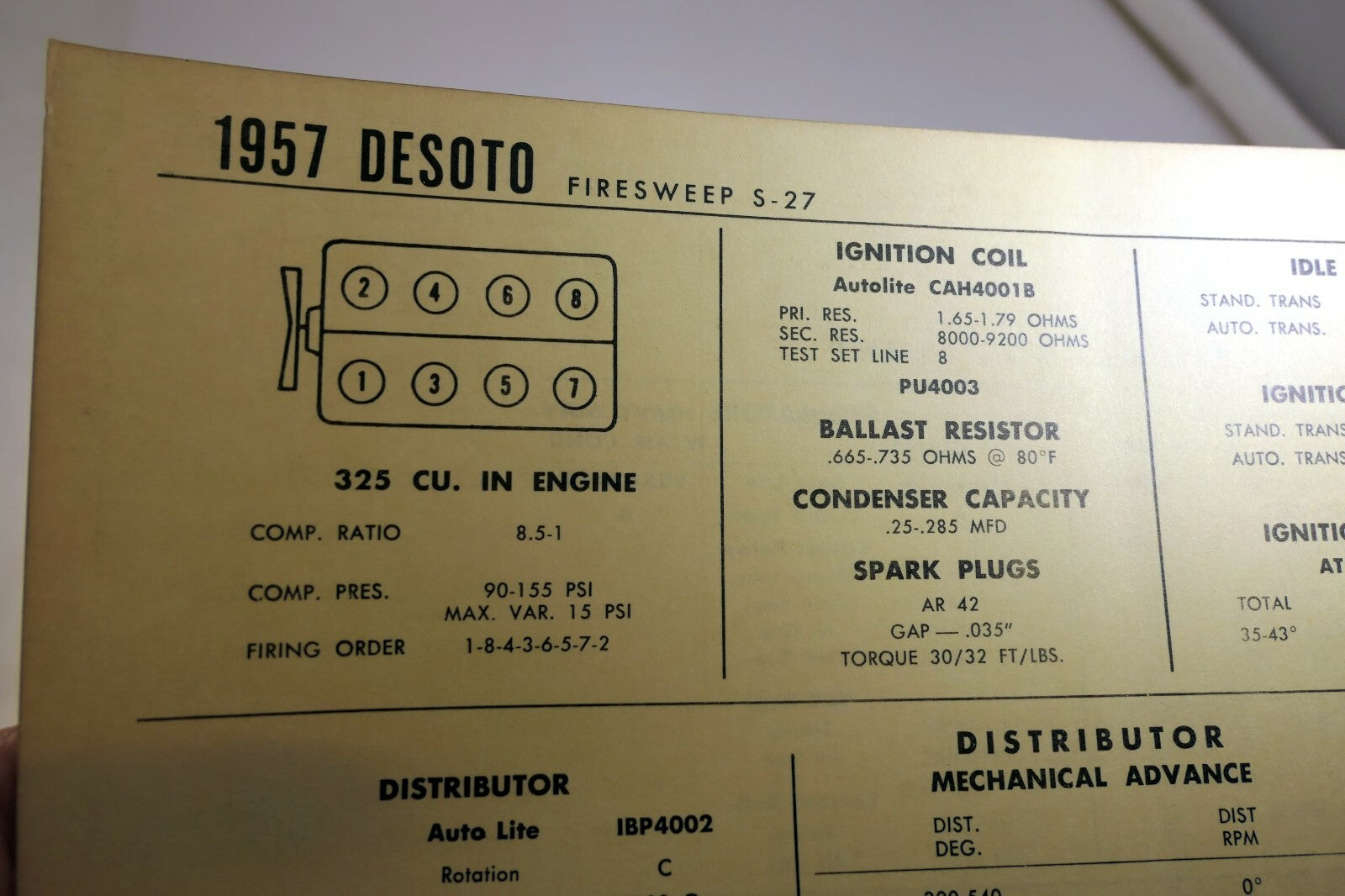 1957 desoto firesweep s 27 sun electric tune up sheet chart
