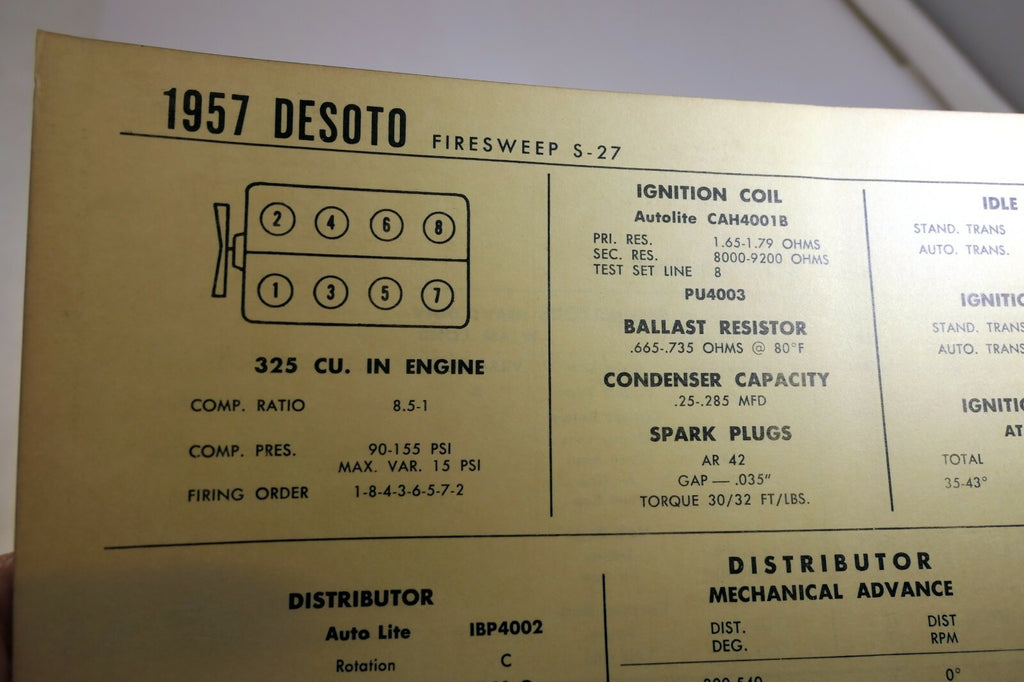 1957 desoto firesweep s 27 sun electric tune up sheet chart