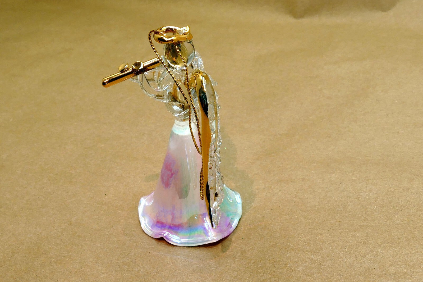 Spun Glass Crystal Christmas Ornament  Angel Gold with trumpet