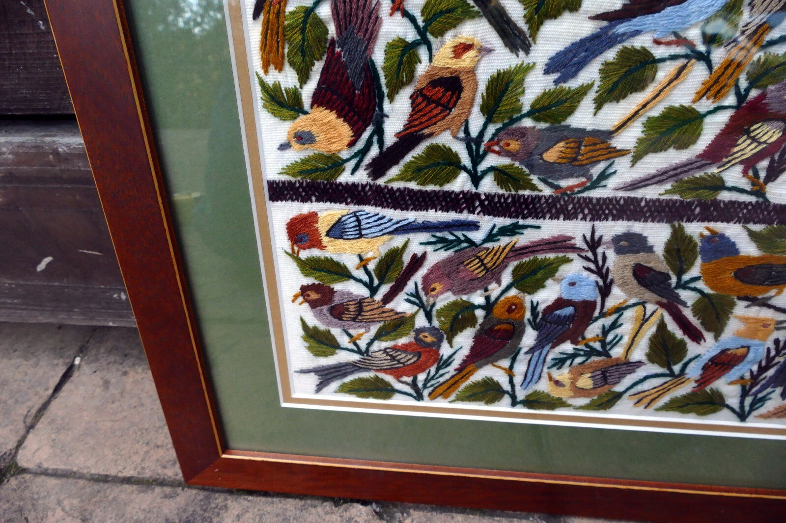 Large Bird Finch Cardinal Cross Stitch Needle Point Folk Art 15X15" Framed
