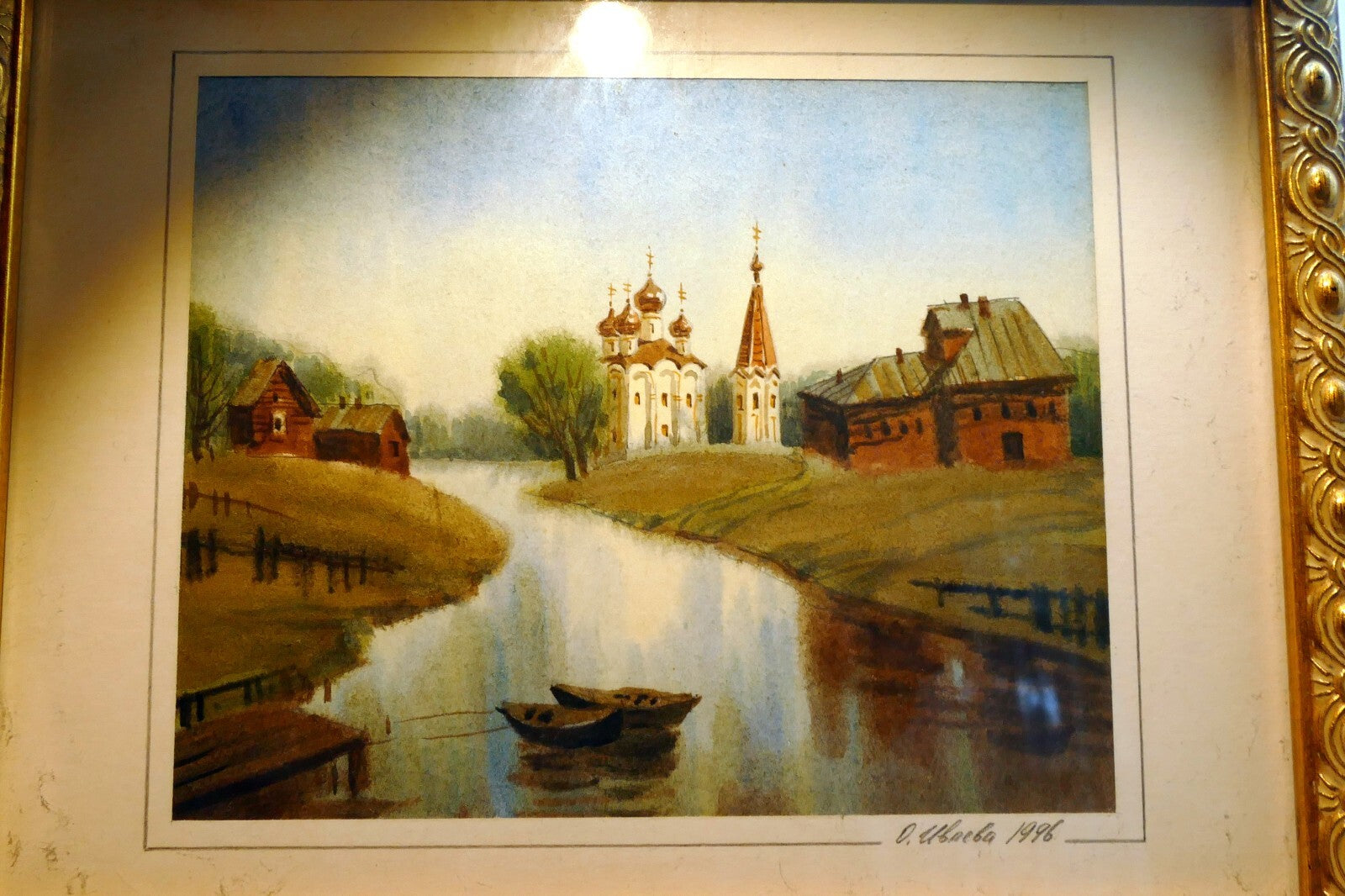 Olga Ivleva Watercolor Signed Russia village river church Art framed