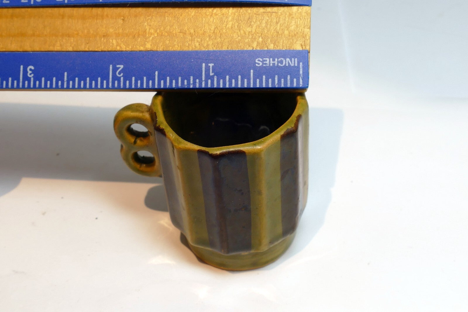 Green Japanese Stacking Double-Handled Coffee/Tea Cup Lines small 2" green brown