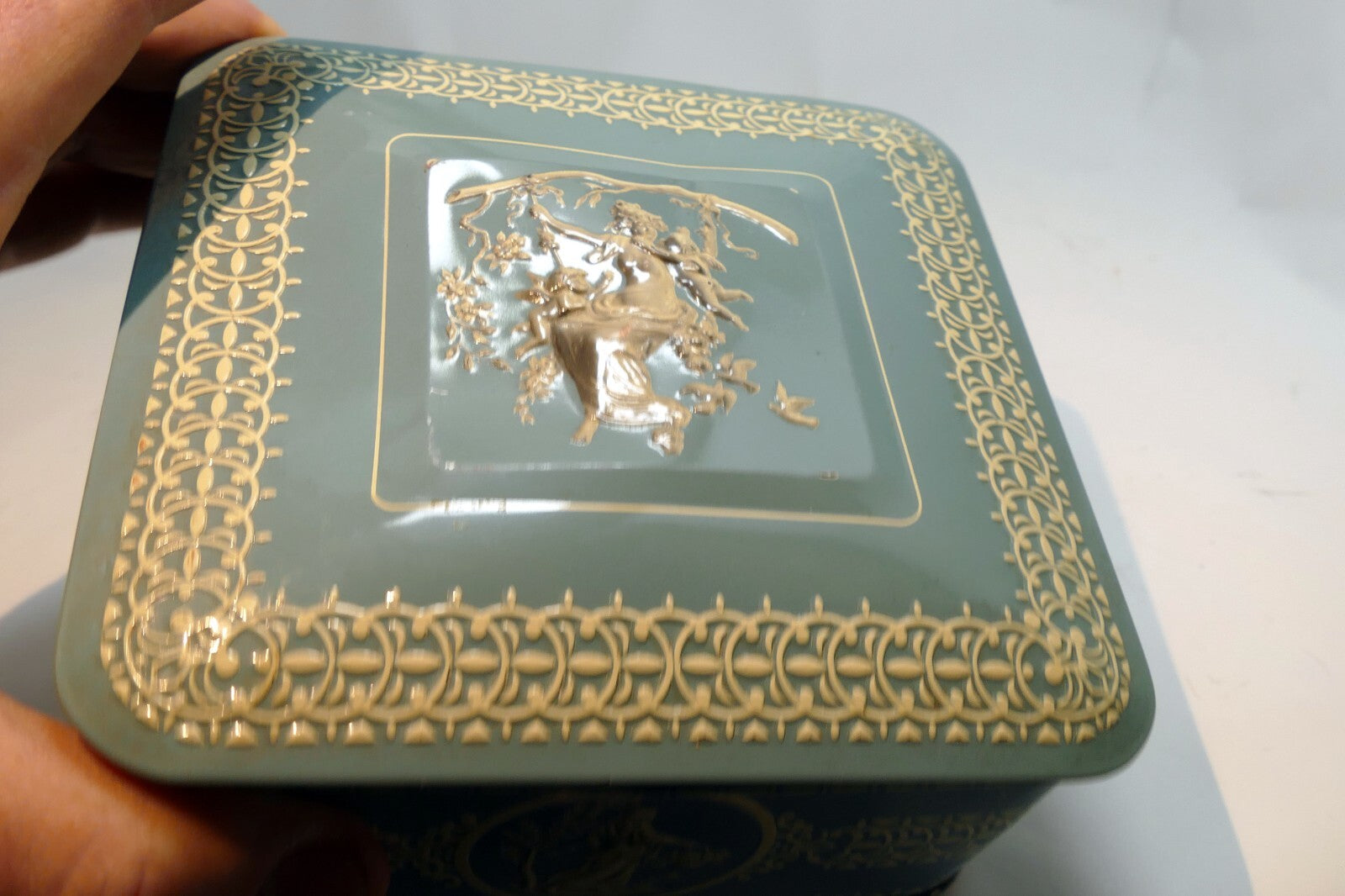 Wedgewood-Style Candy Tin Made in Holland blue teal white  girl with cherubs