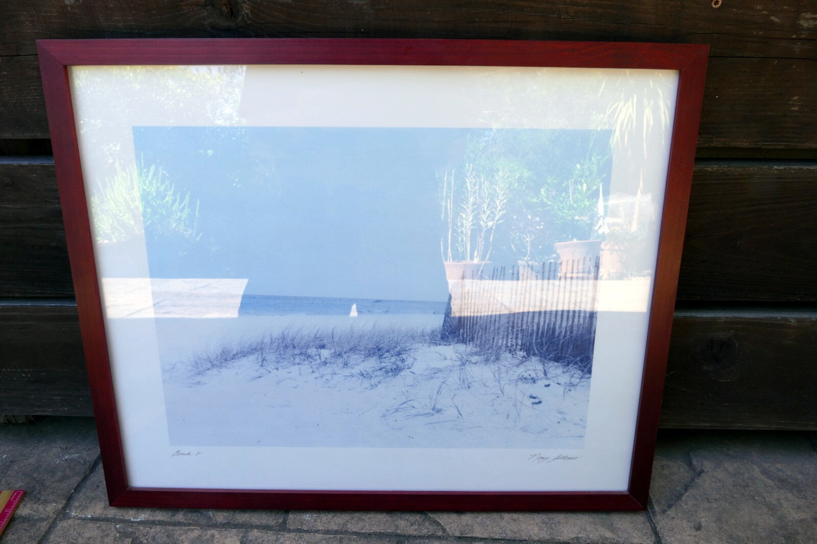 Nancy Gillespie Signed Titled Print "Beach 2" sandy dunes Wood Frame