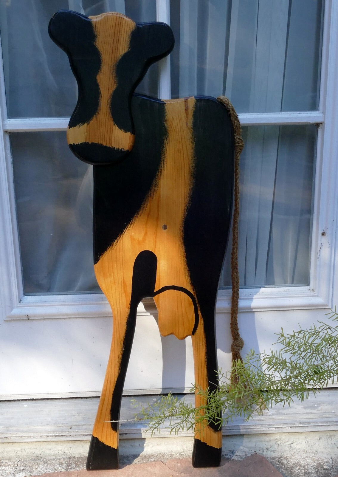 Giant wooden cow rope tail hand made wood hanging wall art bovine shape
