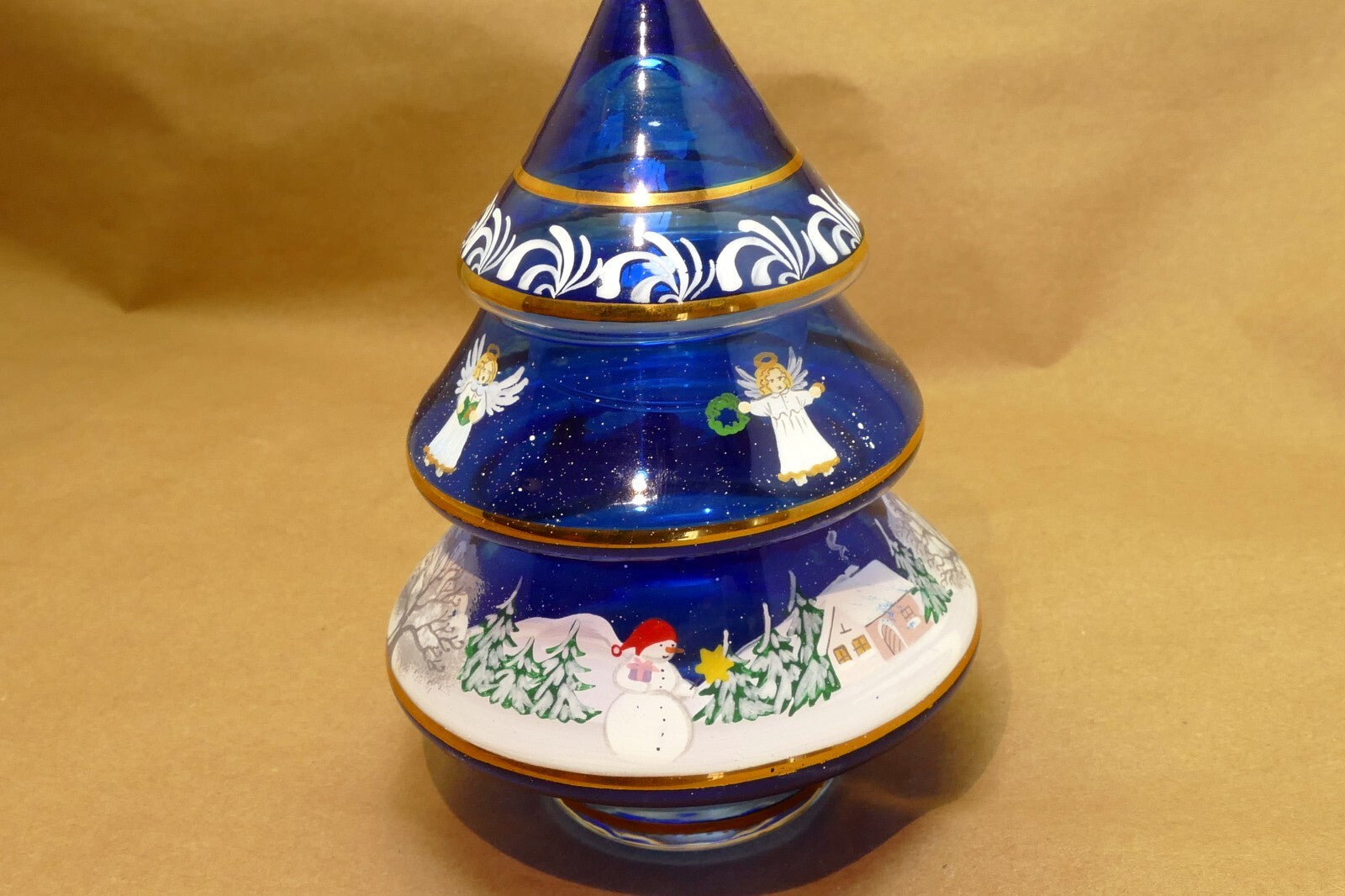5" Hand Blown Glass Christmas Scene trinket box painted blue