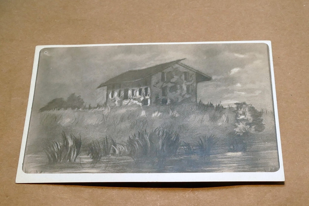 Black and white  house landscape marsh Vintage Postcard 1930's unposted