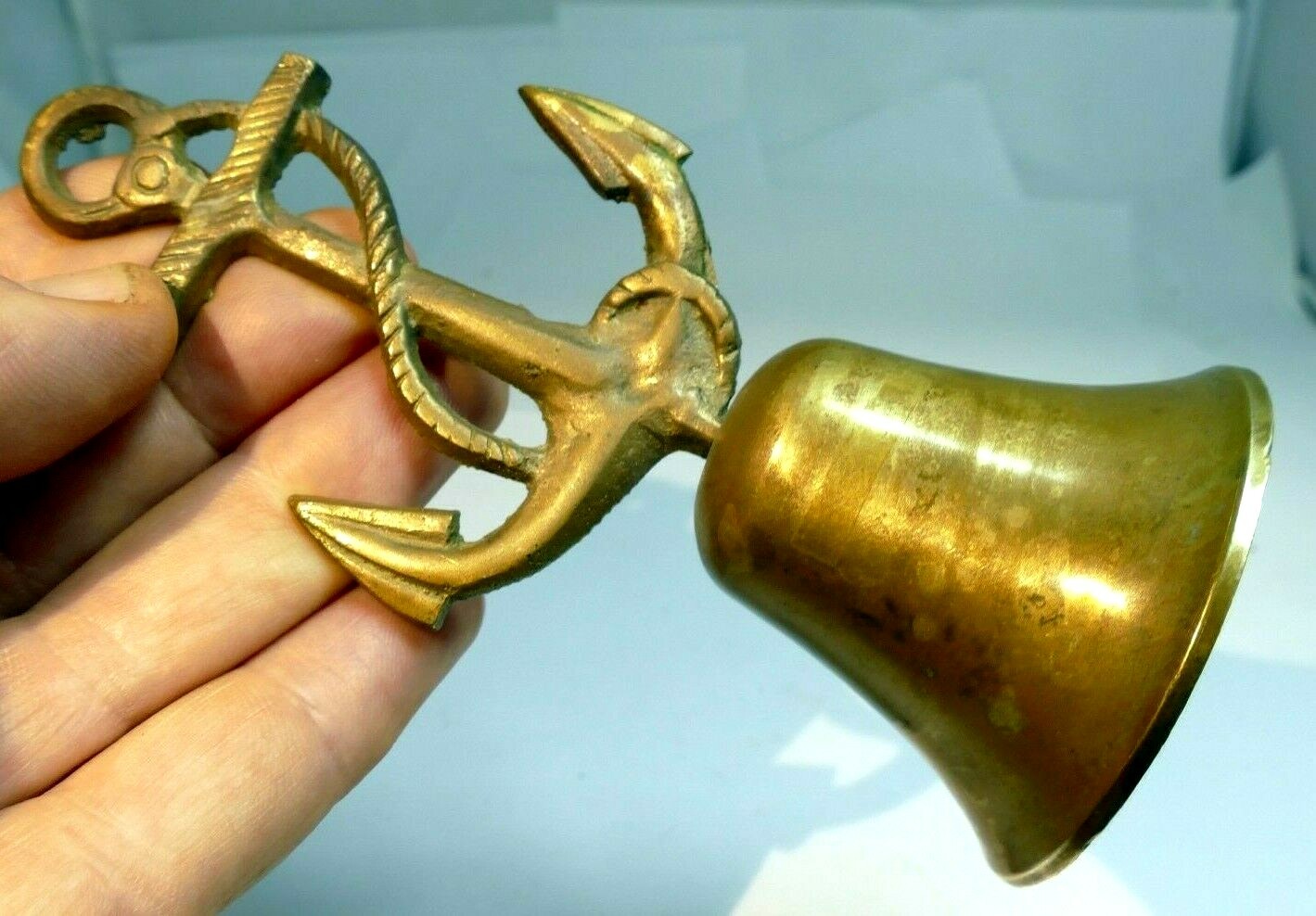 1.5" solid brass metal bell with nautical anchor missing clapper