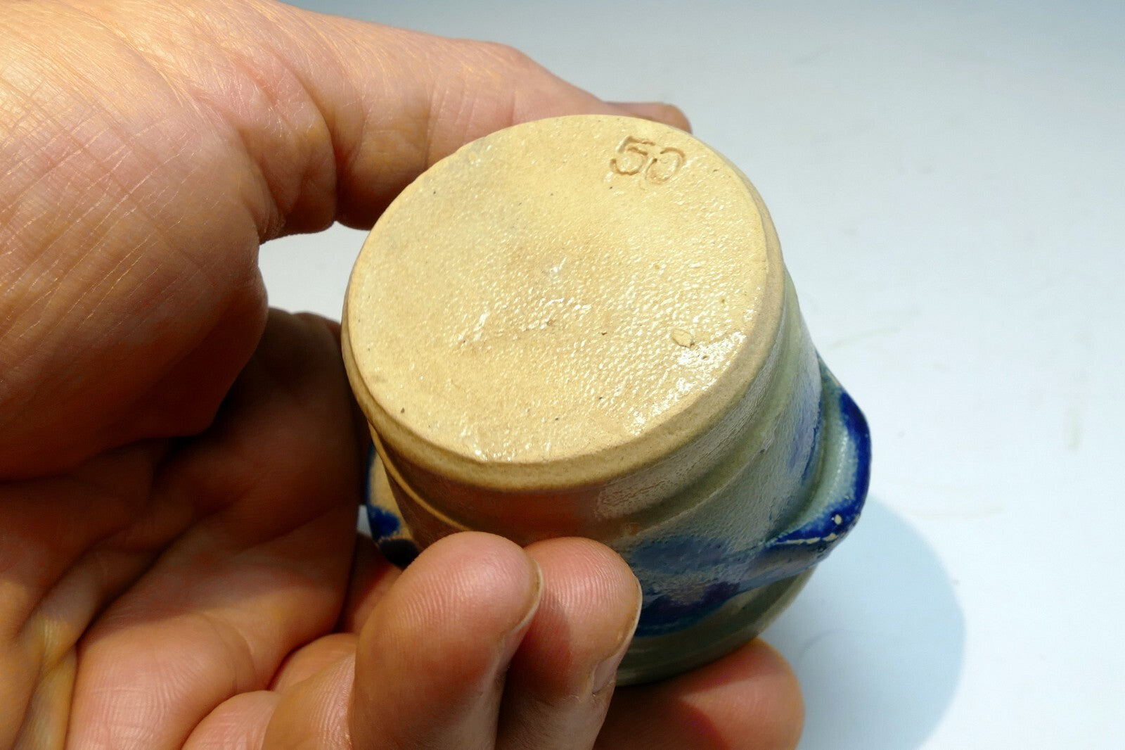 Blue Ceramic tealight candle holder  vintage clay pottery 2"