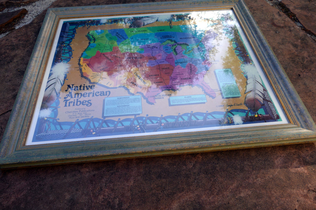 LARGE FRAMED TRIBES OF THE NaTIVE AMERICAN NATION PICTORIAL MAP Cherokee 1989