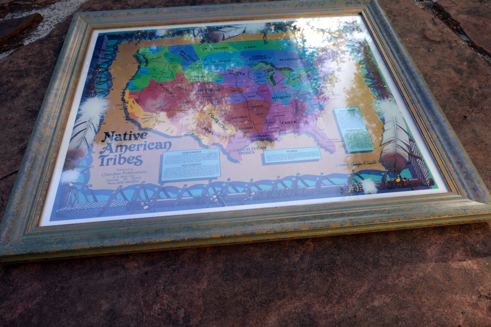 LARGE FRAMED TRIBES OF THE NaTIVE AMERICAN NATION PICTORIAL MAP Cherokee 1989