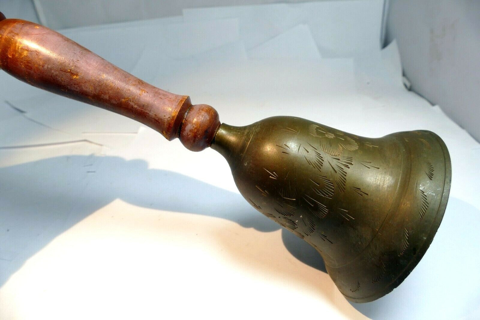 3" solid brass school diner bell with wooden handle hand held south asia