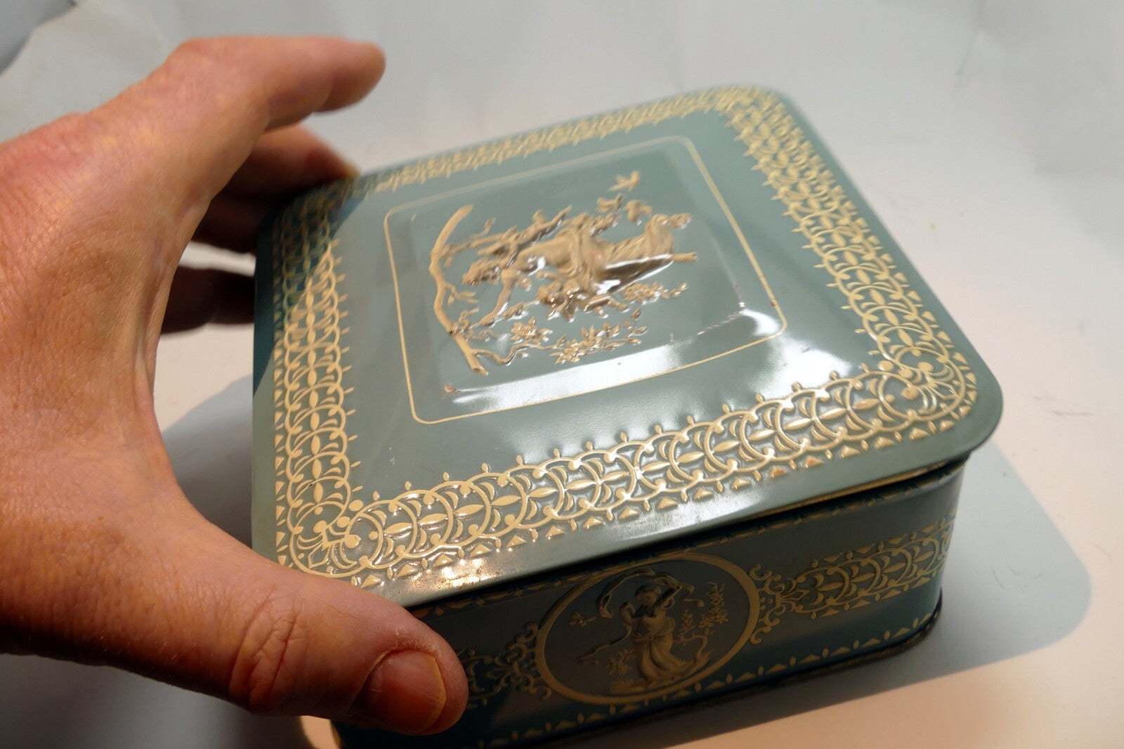 Wedgewood-Style Candy Tin Made in Holland blue teal white  girl with cherubs