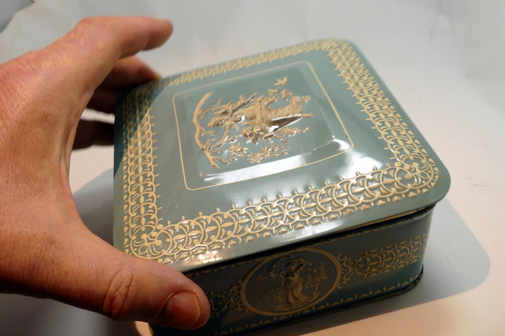 Wedgewood-Style Candy Tin Made in Holland blue teal white  girl with cherubs