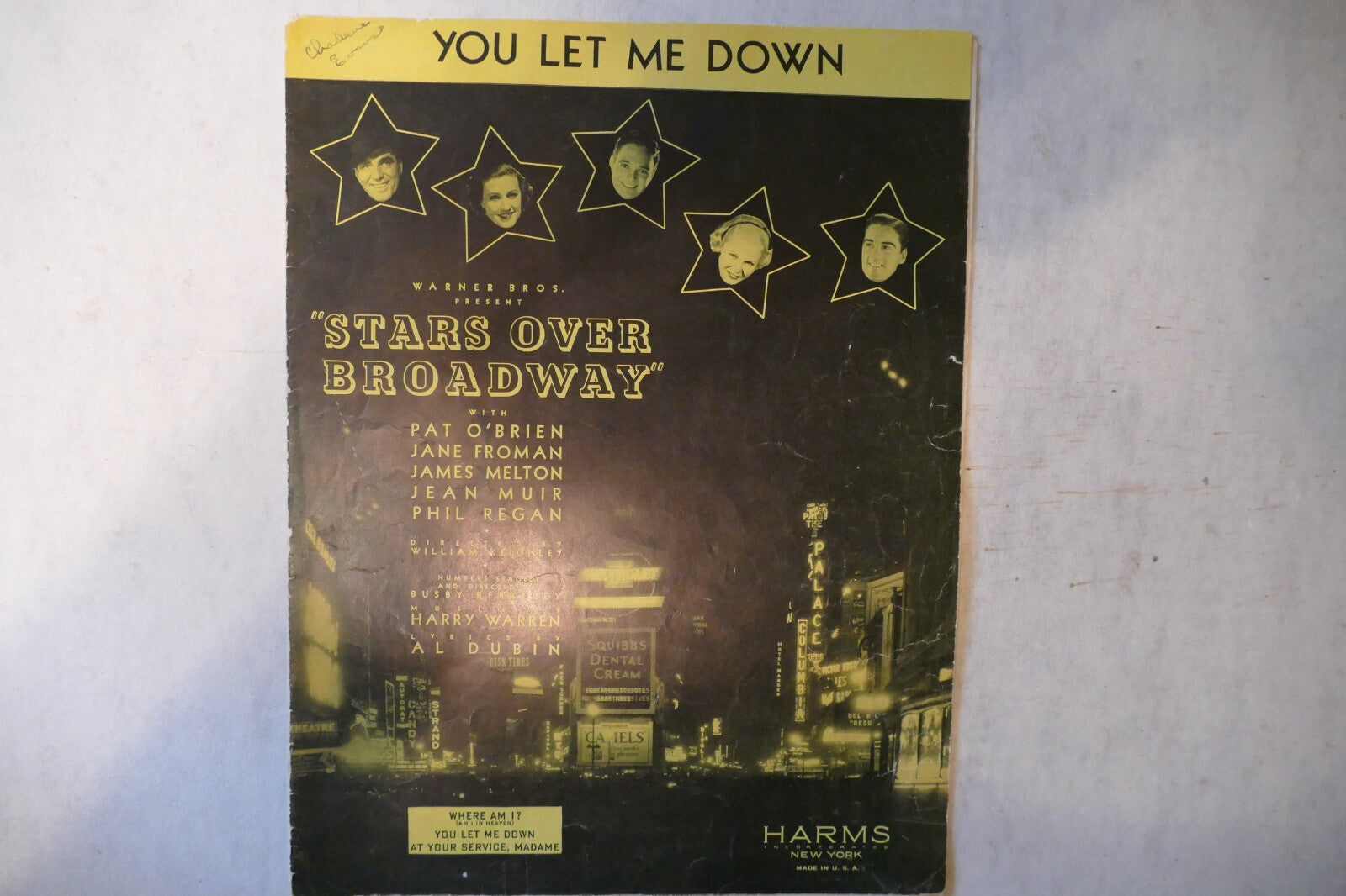 You let me down, sheet music 1935 from "stars over broadway", by al dubin and harry warren
