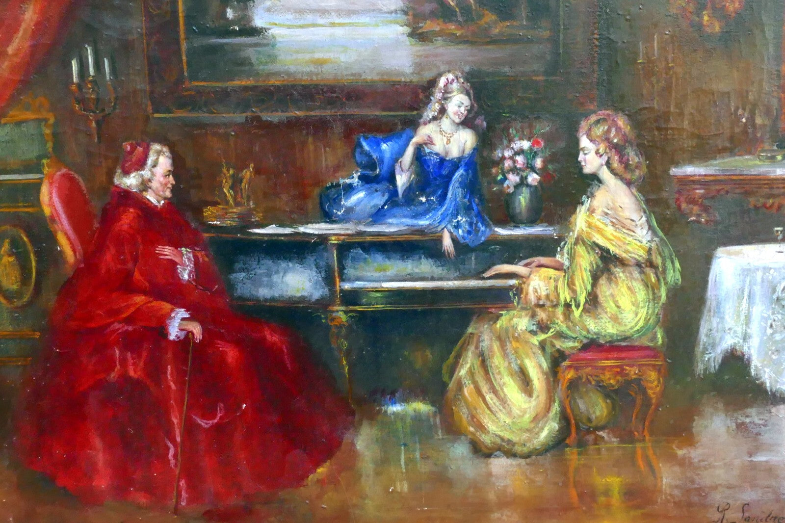 oil painting hand painted on canvas musical recital with Cardinal by R. Sanchez