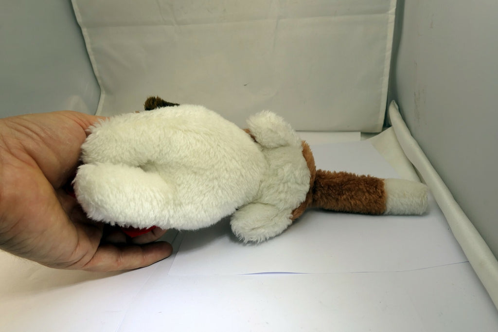 Soft Plush Stuffed Dog 9" brown white red bow vintage Christmas 11"
