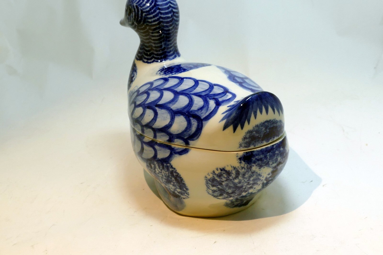 Vintage Ceramic Duck Goose Hand Painted Blue & White Trinket Box 6X4"