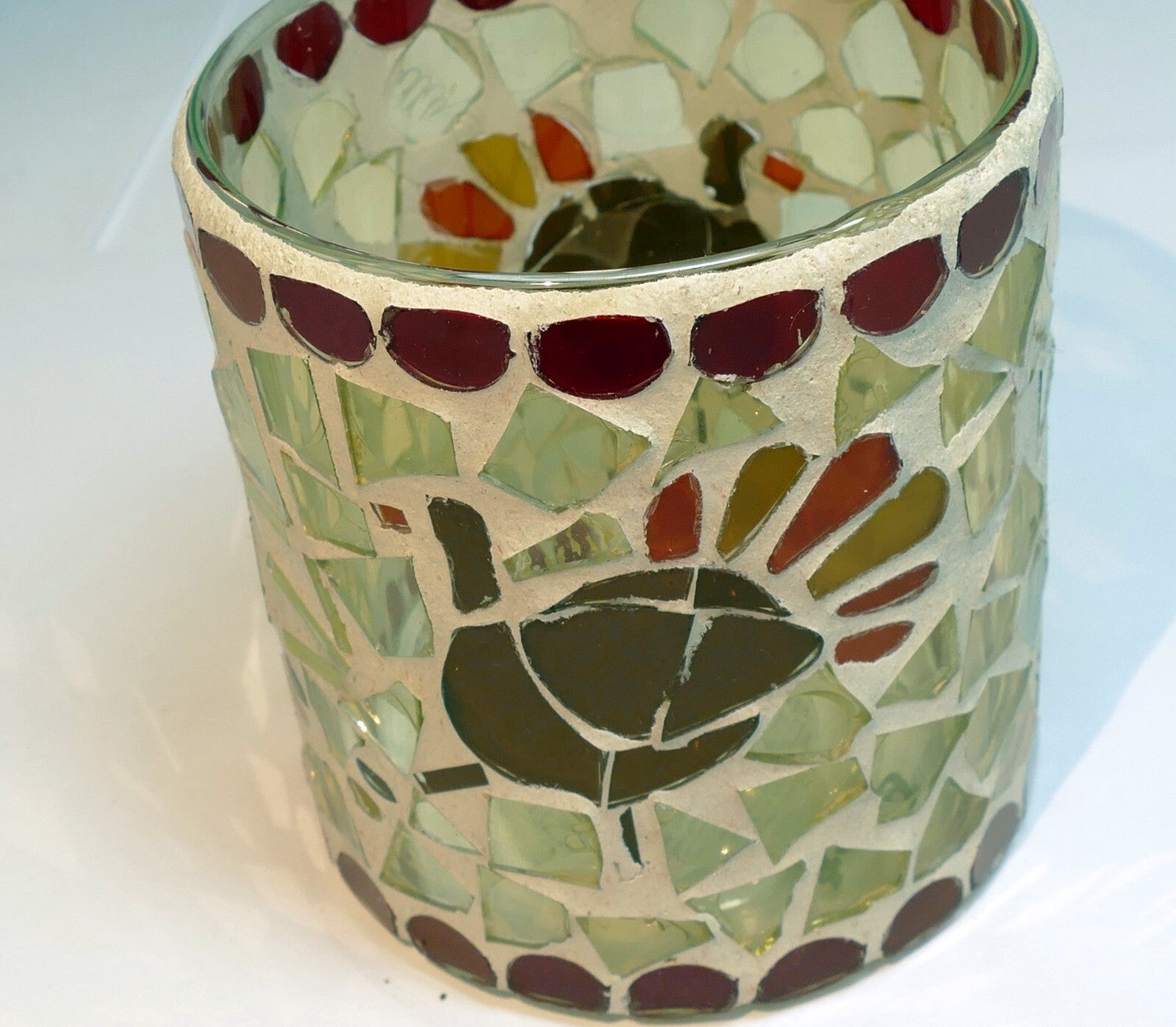 3" glass candle holder red yellow tealight handmade colorful turkey bird