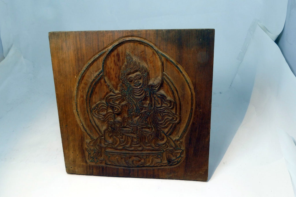 Hand Carved Tibetan Buddhist Wood Block Stamp Nepal Vintage 7X7"