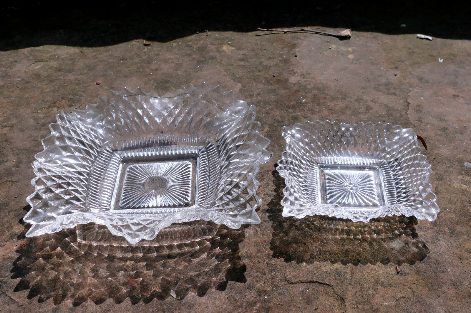 Set of 2 Clear Depression Glass Diamond Point Ruffle Edge Candy/Nut Dish